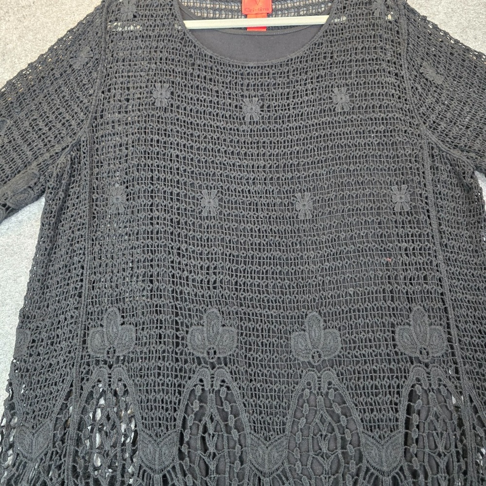 V Cristina Tunic Top Women's Large Black Lined Crochet Long Sleeve Scalloped Hem